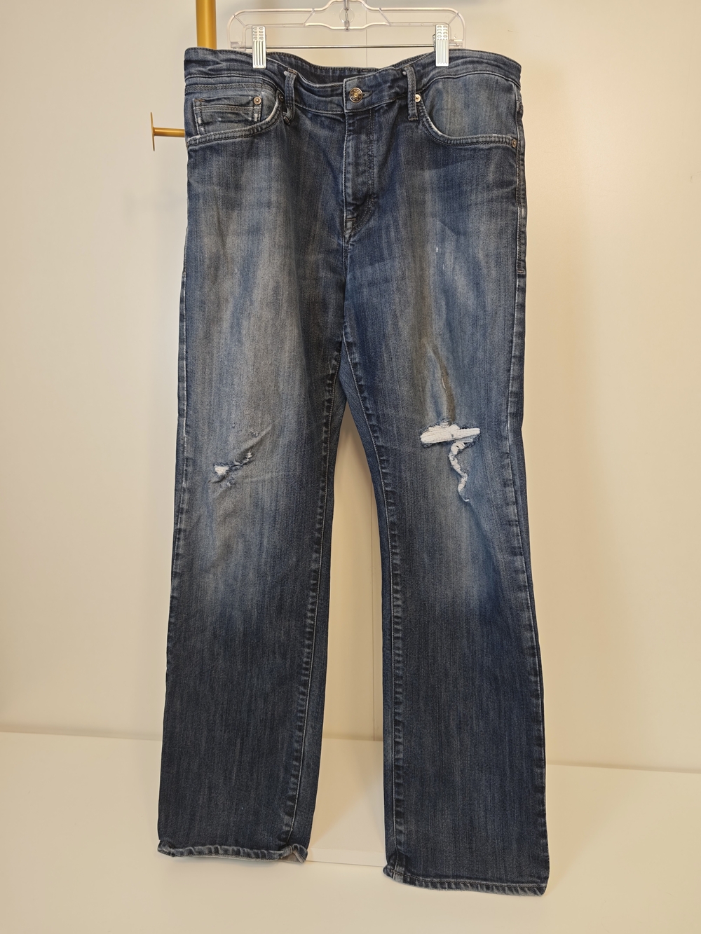 Mavi Mens Distressed Dark Blue Bootcut Jeans 36x32 Relaxed Faded Denim